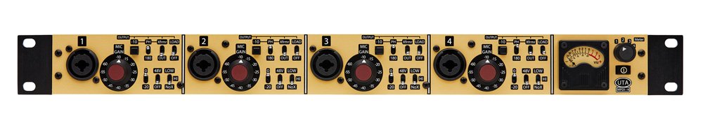 Front panel of a rackmount audio device with four mic gain sections and a VU meter on the right end.