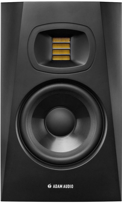 Front view of a black studio monitor speaker with a large woofer and a yellow ribbon tweeter.