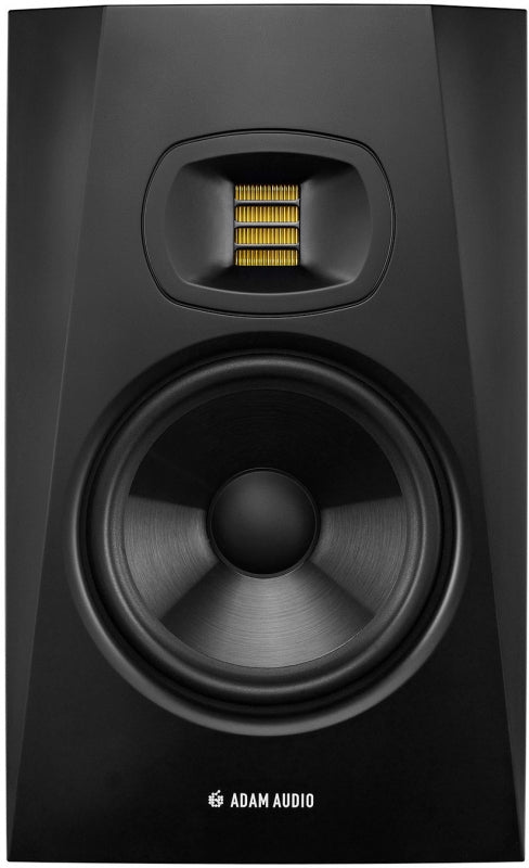 Front view of a black studio monitor speaker with visible tweeter and woofer drivers