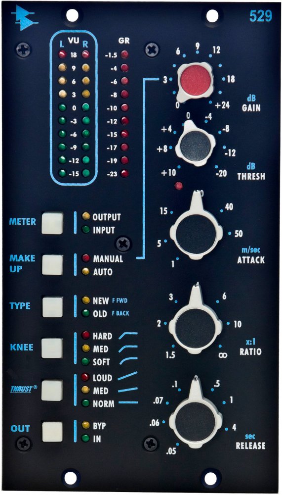 Front panel of a black audio processor with multiple rotary knobs, push buttons, and LED meters for gain, threshold, attack, ratio, and release controls.