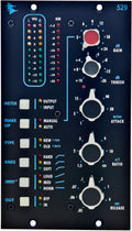 Front panel of a black audio processor with multiple rotary knobs, push buttons, and LED meters for gain, threshold, attack, ratio, and release controls.