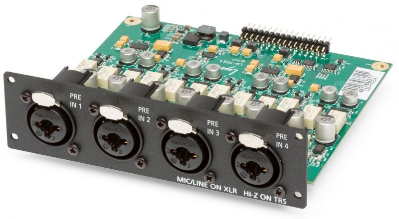 Circuit board with four XLR input connectors and four corresponding rotary knobs on a black panel