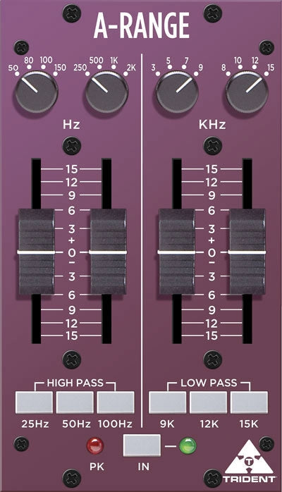 Close-up of a purple equalizer panel with knobs, sliders, push buttons, and indicator lights labeled with frequency and filter controls.