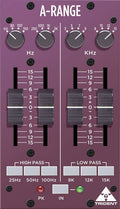 Close-up of a purple equalizer panel with knobs, sliders, push buttons, and indicator lights labeled with frequency and filter controls.