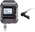 Black and gray portable field recorder with display screen and clip-on lavalier microphone with foam windscreen.