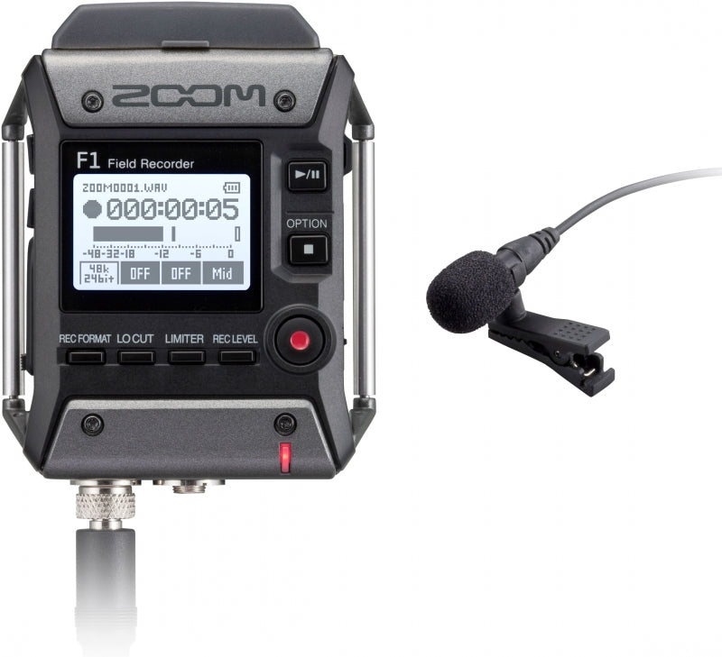 Black and gray portable field recorder with display screen and clip-on lavalier microphone with foam windscreen.