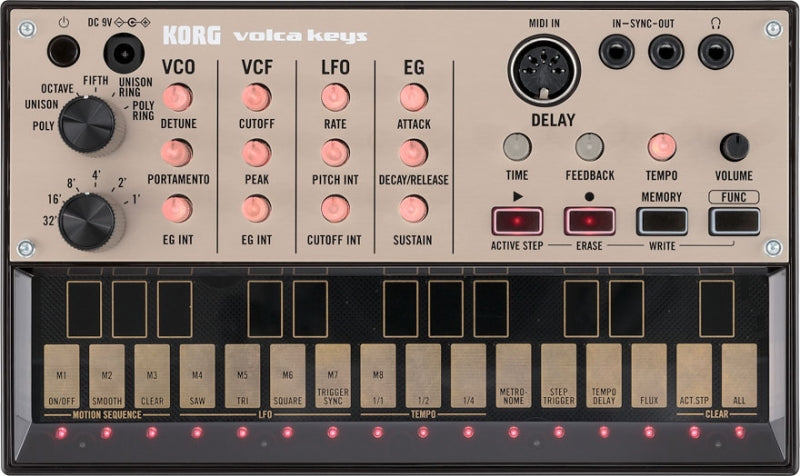 KORG Volca Keys synthesizer with control knobs, push buttons, touch keys, MIDI input, and 3.5mm jacks