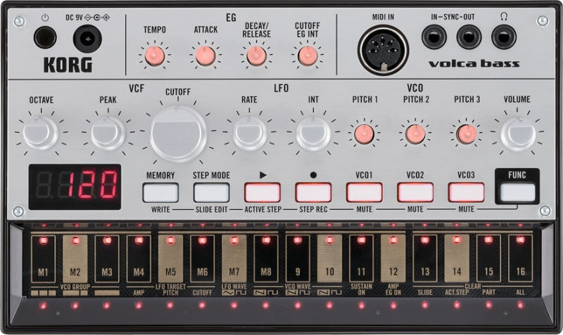 Top view of a KORG Volca Bass synthesizer with multiple knobs, buttons, LED display, and audio/MIDI connectors.