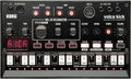 Black KORG Volca Kick analog drum machine with multiple knobs, buttons, MIDI input, and LED step sequencer pads.