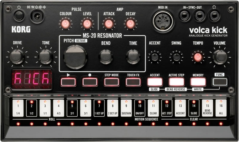 Black KORG Volca Kick analog drum machine with multiple knobs, buttons, MIDI input, and LED step sequencer pads.