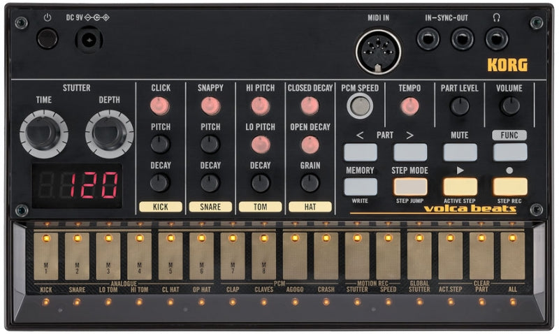 Top view of a Korg Volca Beats drum machine with various knobs, buttons, and a lighted step sequencer.