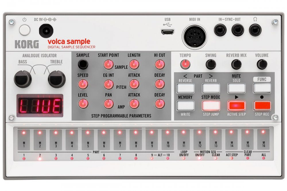 White KORG Volca Sample digital sample sequencer with knobs, buttons, LED display, and multiple ports on top panel.