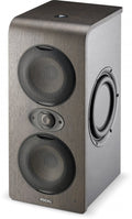 Studio monitor speaker with two large drivers, one small driver, and a side-mounted passive radiator