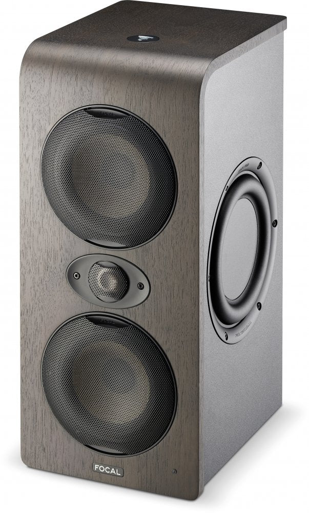 Studio monitor speaker with two large drivers, one small driver, and a side-mounted passive radiator