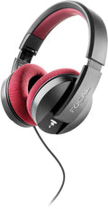 Black over-ear headphones with maroon ear pads and a wired cable, branded FOCAL.