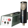 Large diaphragm studio microphone next to a control box with switches, rotary knob, and XLR output.