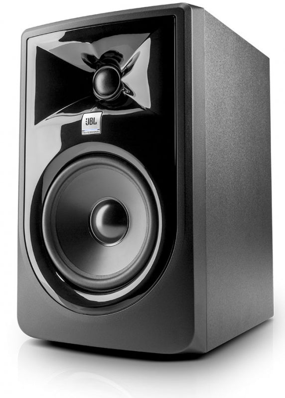 Black JBL professional studio monitor speaker with a tweeter and woofer on the front panel.