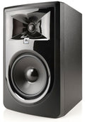 Black JBL speaker with a large woofer and a smaller tweeter above it in a black cabinet.