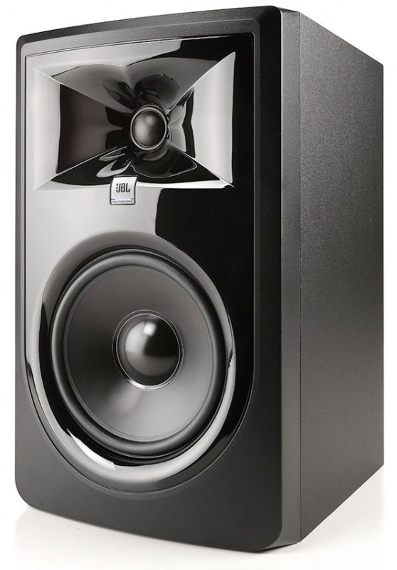 Black JBL speaker with a large woofer and a smaller tweeter above it in a black cabinet.