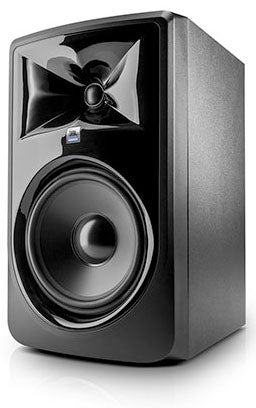 Black studio monitor speaker with prominent woofer and tweeter on front panel against white background
