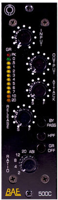 Black audio processor module with knobs, buttons, and LED level indicators labeled BAE 500C.
