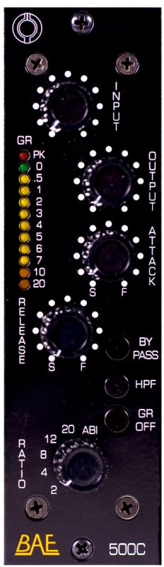 Black audio processor module with knobs, buttons, and LED level indicators labeled BAE 500C.