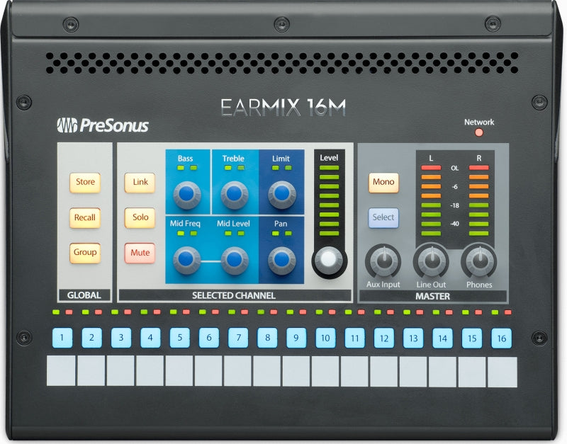 PreSonus EarMix 16M audio mixer with knobs, buttons, level meters, and channel selection buttons.