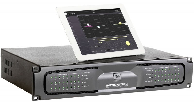 JBL Intonato 24MX monitor controller unit with a tablet showing a tuning interface on top.