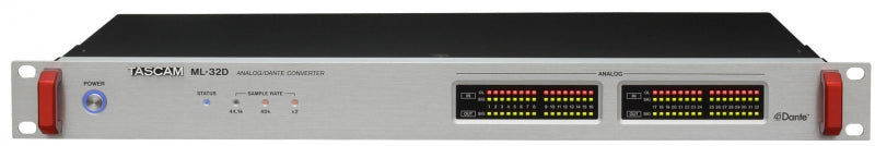 Front view of a TASCAM ML-32D audio converter with status lights and power button.