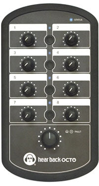 Top view of a black Hear Back OCTO personal monitor mixer with eight rotary knobs and status indicator lights.