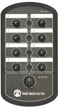 Top view of a black Hear Back OCTO personal monitor mixer with eight rotary knobs and status indicator lights.