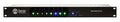 Black rackmount audio device with colored LED indicators and push buttons on front panel.