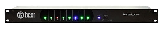 Black rackmount audio device with colored LED indicators and push buttons on front panel.