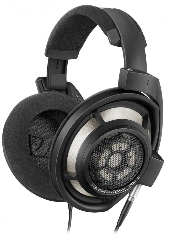 Black over-ear open-back headphones with mesh ear cups and foam headband padding connected by a wire.