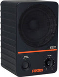 Black rectangular speaker with mesh front, power button, and volume knob on front panel.