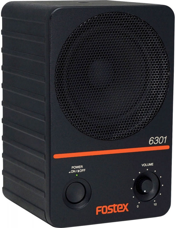Black rectangular speaker with mesh front, power button, and volume knob on front panel.