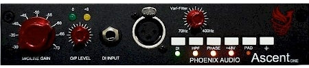 Front panel of a PHOENIX AUDIO Ascent One audio device showing gain control, DI input, and filter controls.