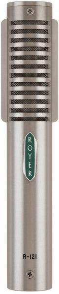 Silver cylindrical microphone with horizontal grille lines and ROYER logo on the body showing model R-121.