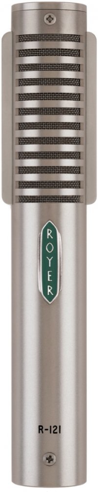 Silver cylindrical microphone with horizontal grille lines and ROYER logo on the body showing model R-121.