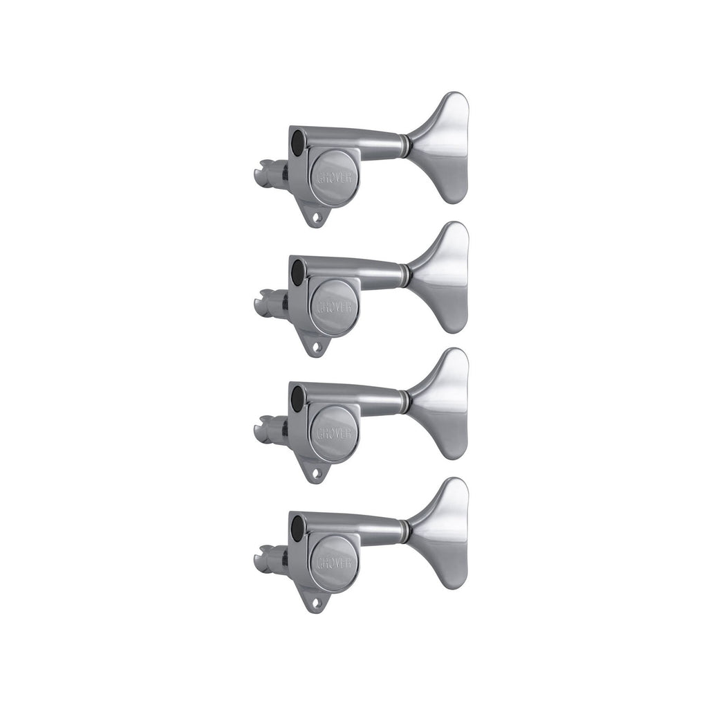 Four chrome metal guitar tuning machines arranged vertically on a white background.