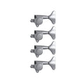 Four chrome metal guitar tuning machines arranged vertically on a white background.