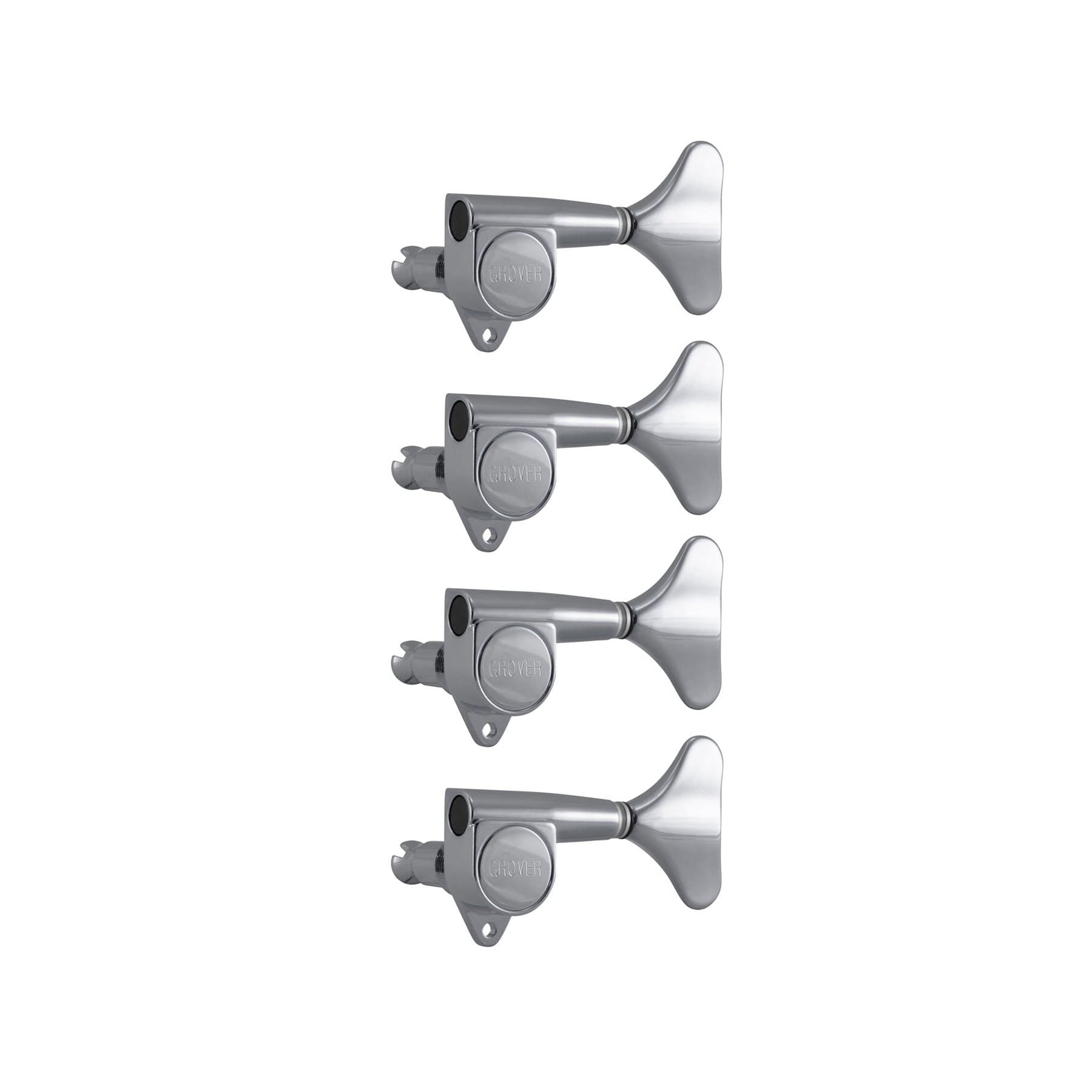 Four chrome metal guitar tuning machines arranged vertically on a white background.
