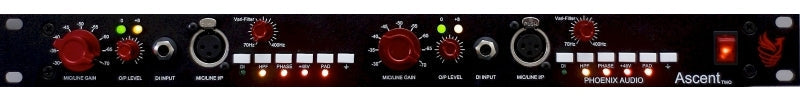 Front panel of a Phoenix Audio Ascent Two vocal microphone preamp with knobs, buttons, and inputs visible.