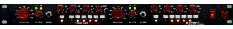 Front panel of a black PHOENIX AUDIO Ascent Two EQ with red knobs, switches, and 1/4 inch jack input connectors.