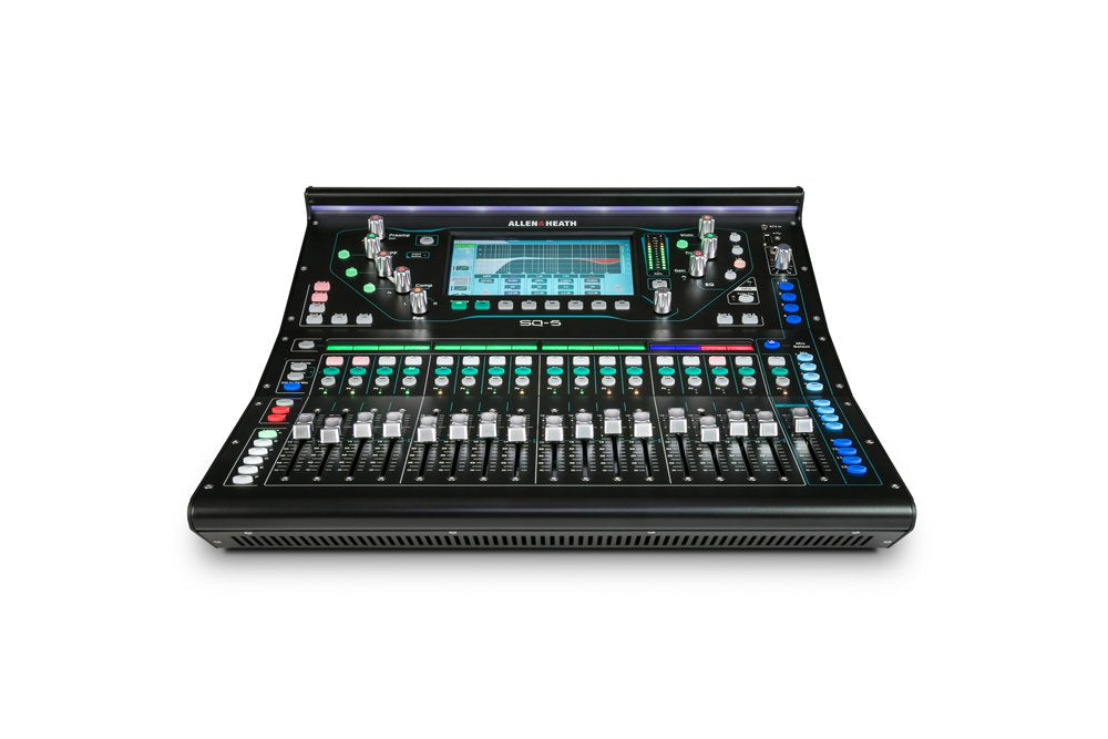 Black digital audio mixer with touchscreen, multiple faders, knobs, and buttons on a white background.