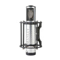 Silver cylindrical microphone with black metal cage and mesh grille on top