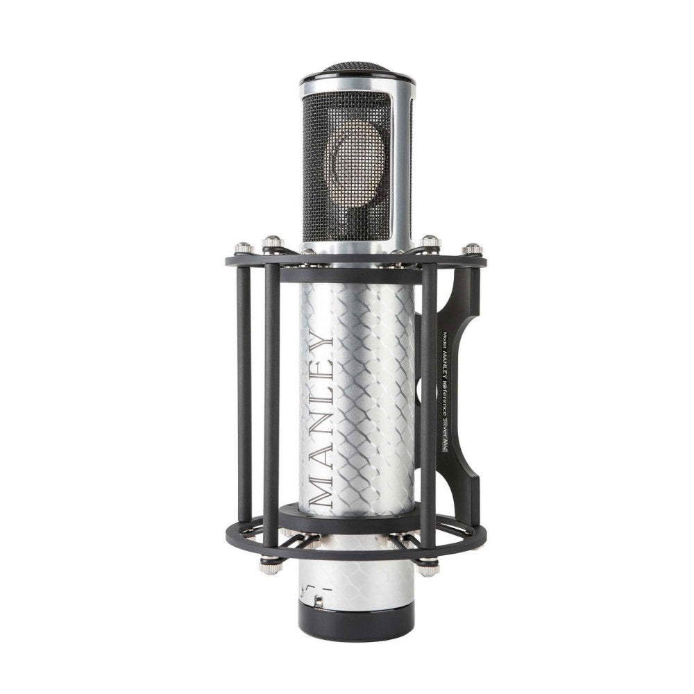 Silver cylindrical microphone with black metal cage and mesh grille on top