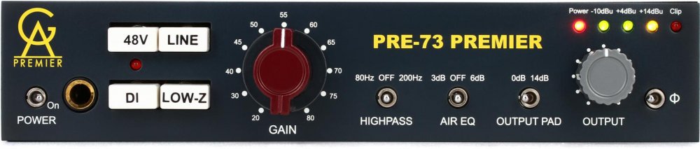 Black audio preamp front panel with gain knob, buttons, switches, output knob, and indicator lights
