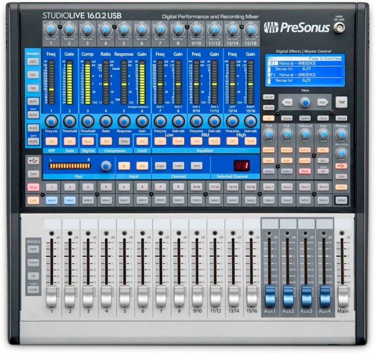 Top view of a PreSonus StudioLive 16.0.2 USB digital audio mixer with knobs, sliders, buttons, and a small display screen.