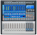 Top view of a PreSonus StudioLive 16.0.2 USB digital audio mixer with knobs, sliders, buttons, and a small display screen.